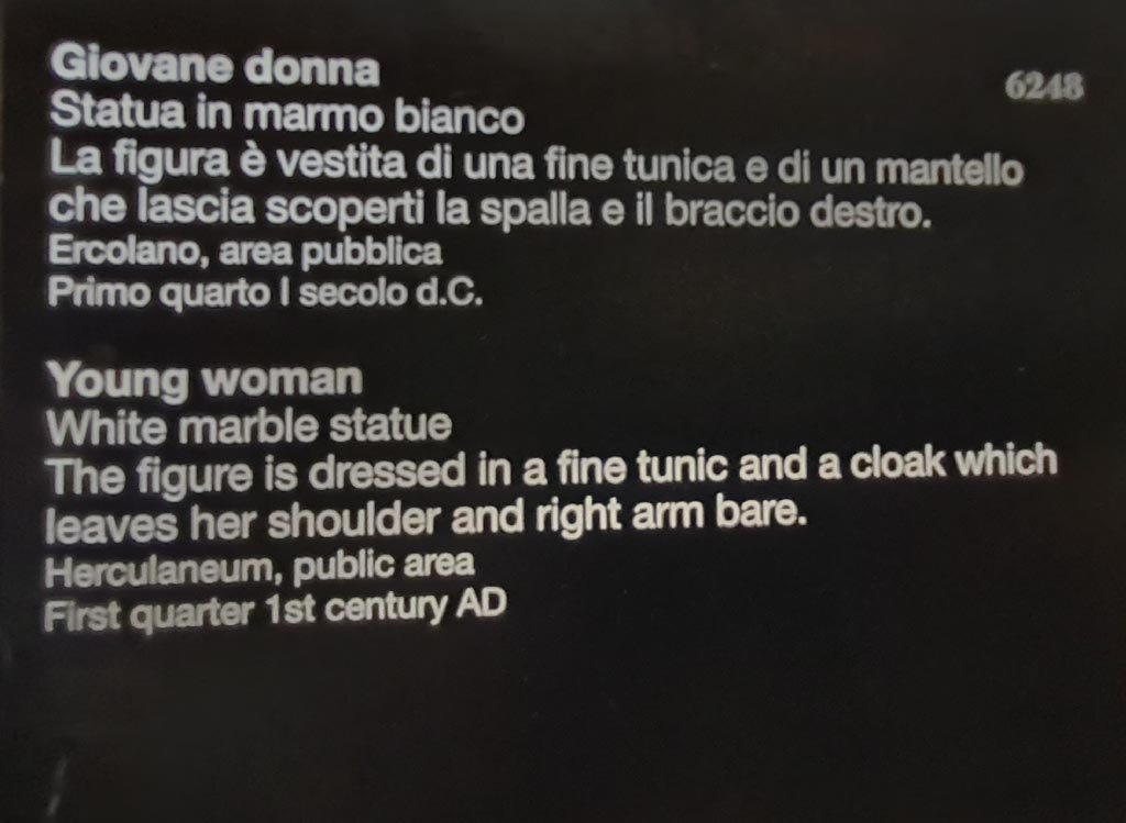 Herculaneum. April 2023. Descriptive card for statue of a young woman, inventory number 6248. Photo courtesy of Giuseppe Ciaramella.