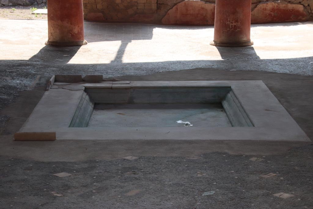 Ins. Orientalis I, 1, Herculaneum, October 2023. Looking east across impluvium in atrium. Photo courtesy of Klaus Heese.