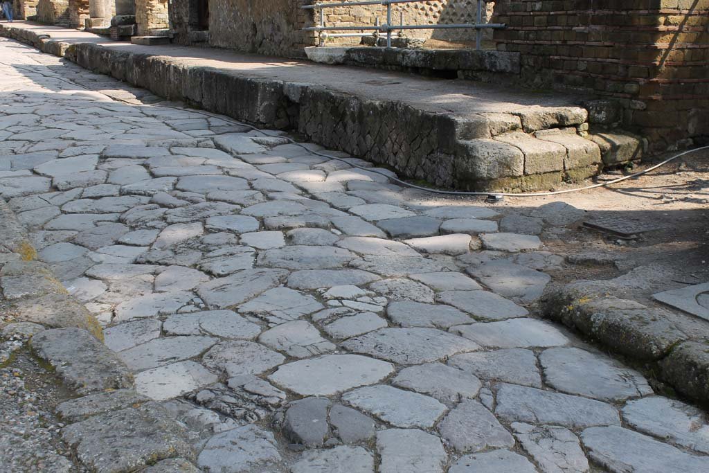 Ins. Orientalis II.1 Herculaneum, March 2014. Cardo V, looking north along east side pavement, with Vicolo Meridionale, on right.  
Foto Annette Haug, ERC Grant 681269 DÉCOR
