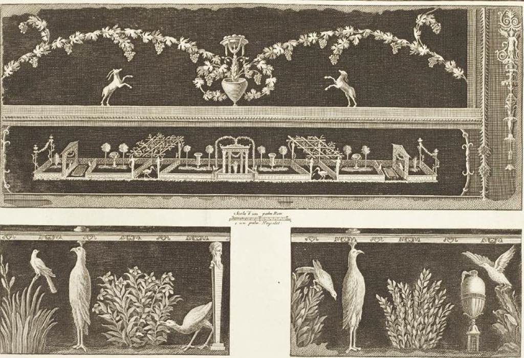 Ins. Or. II, 1a, Herculaneum. Three frescoes found in the Scavi di Portici, 1752.
Garlands, goats or gazelles and garden scene (top). Now in Now in Naples Archaeological Museum. Inventory number 9638.
Three birds and a herm (bottom left). Now in Now in Naples Archaeological Museum. Inventory number 8763.
Three birds and a vase (bottom right). Now in Now in Naples Archaeological Museum. Inventory number 8758.
See Le Antichità di Ercolano esposte Tomo 2, Le Pitture Antiche di Ercolano 2, 1760, Tav. 49, 265.

