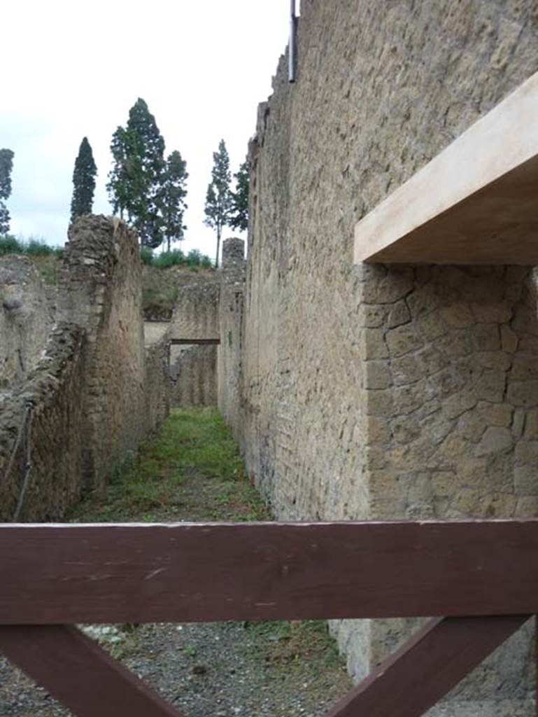 Ins. Orientalis II 2, Herculaneum, September 2015. 
Looking east from doorway along the long corridor, with doorway to room M on right. 