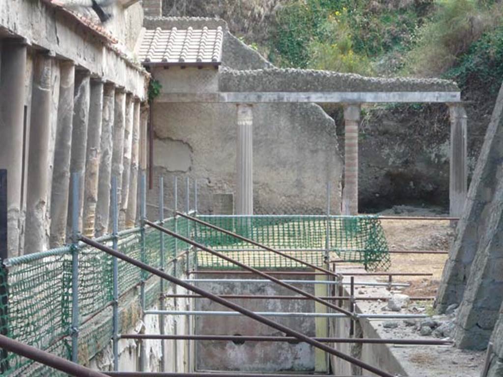 Ins. Orientalis II 4, Herculaneum, August 2013. Looking towards east end of basin, and north-east corner of portico. Photo courtesy of Buzz Ferebee.
