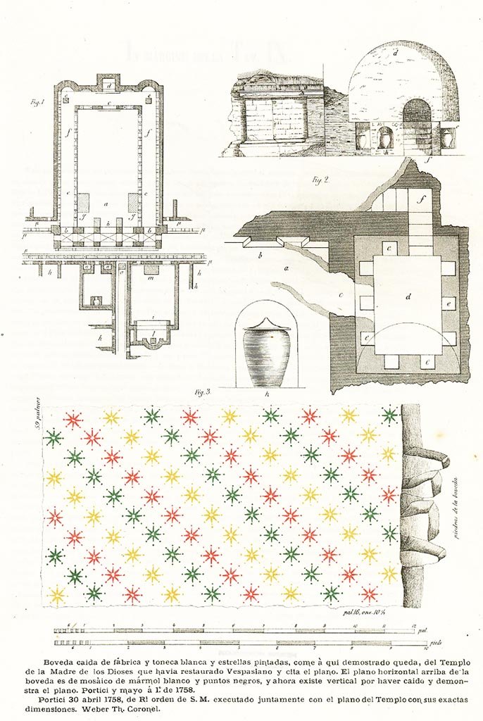Ins. Orientalis II.4/19, Herculaneum. 1885 drawings by Ruggiero.
Fig. 3 shows the ceiling at Ins. Or. II.4/19 said to be the Temple of the Mother of the Gods, but exact location is unknown.
Fig. 1 shows the Augusteum.
Fig. 2, shows a drawing of the Columbarium.
(Note this is shown a different way round from the drawings by Bellicard and Barker.)
See Ruggiero, M. (1885). Storia degli scavi di Ercolano ricomposta su’ documenti superstiti. Tav VIII.

