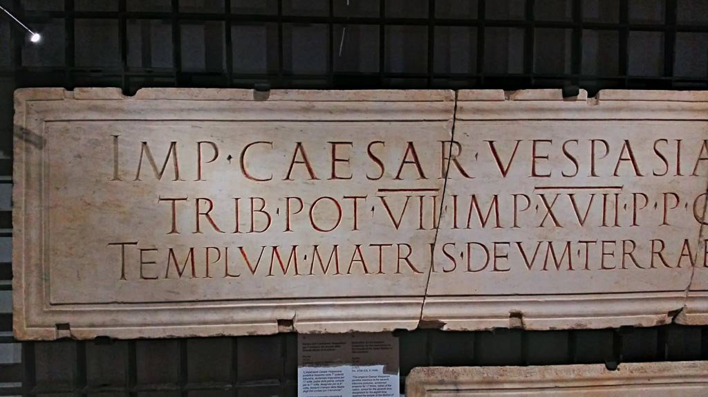 Herculaneum, 1757. Left side of marble plaque found near entrance to Palaestra on Cardo V. (CIL X 1406)
Now in Naples Archaeological Museum, inv. 3708.  Photo courtesy of Giuseppe Ciaramella, June 2017.
