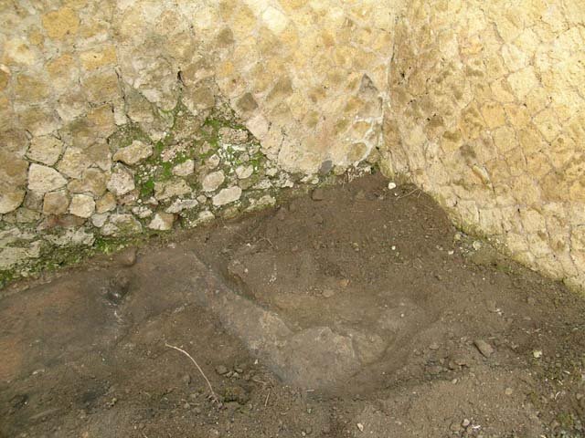 Ins Or II, 16, Herculaneum. December 2004.  Pit/depression in floor of south-east corner. 
Photo courtesy of Nicolas Monteix.

