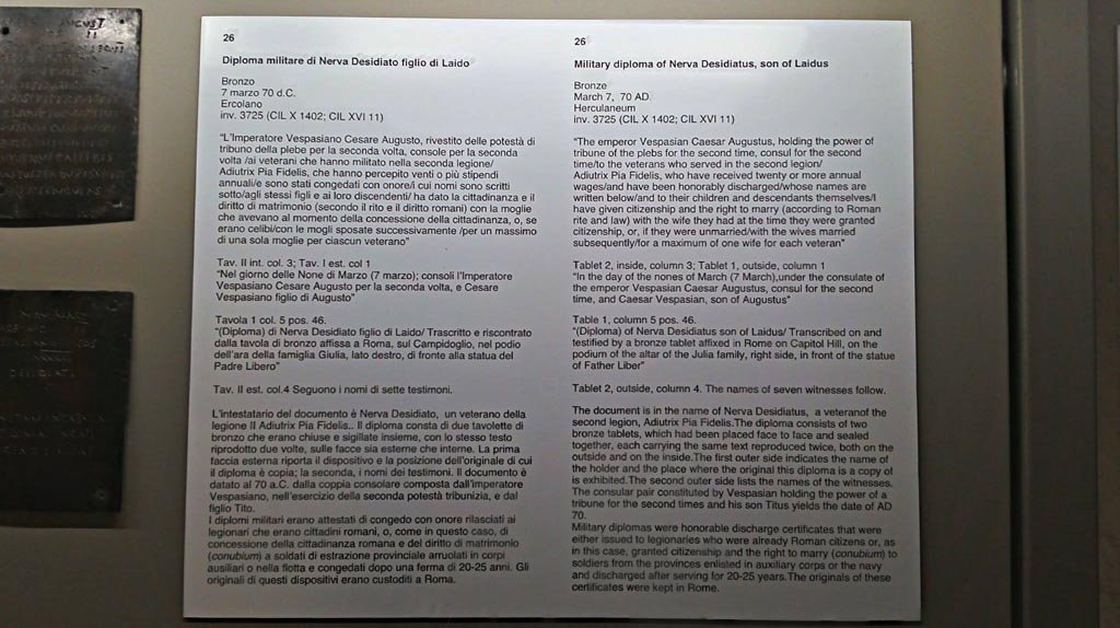 Herculaneum, bronze diploma information card from Naples Archaeological Museum, inventory number 3725 (CIL X 1402; CIL XVI 11). 
Photo courtesy of Giuseppe Ciaramella, June 2017.

