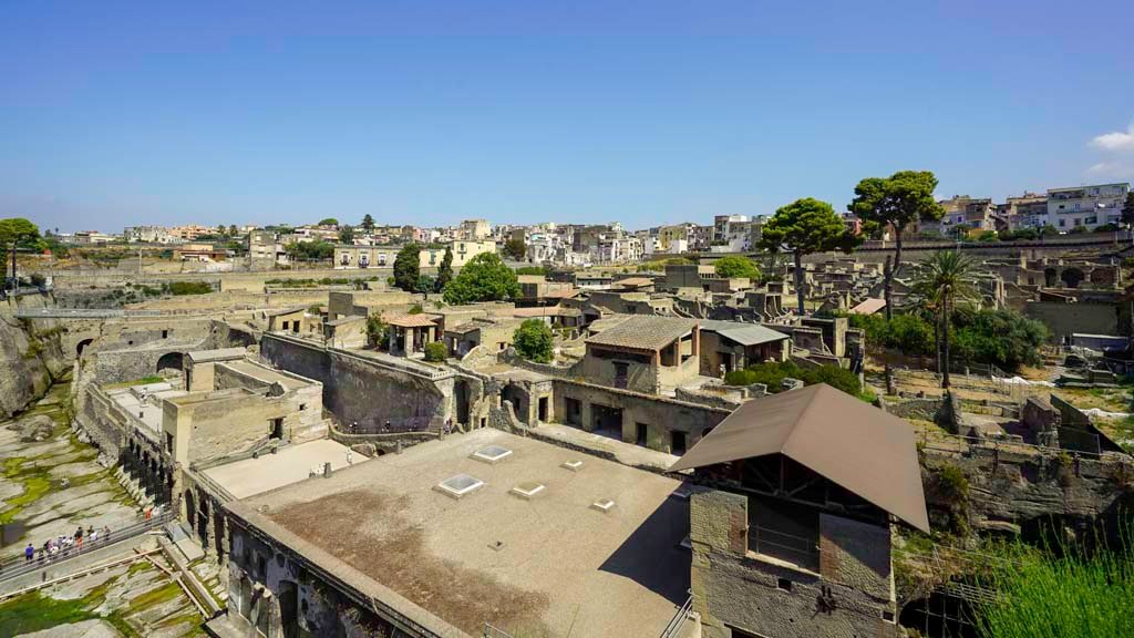 Herculaneum, August 2013. Looking north-west across south side, with Sacred Area, upper left, the Terrace of Balbus, and Suburban Baths, on right. Photo courtesy of Buzz Ferebee.

