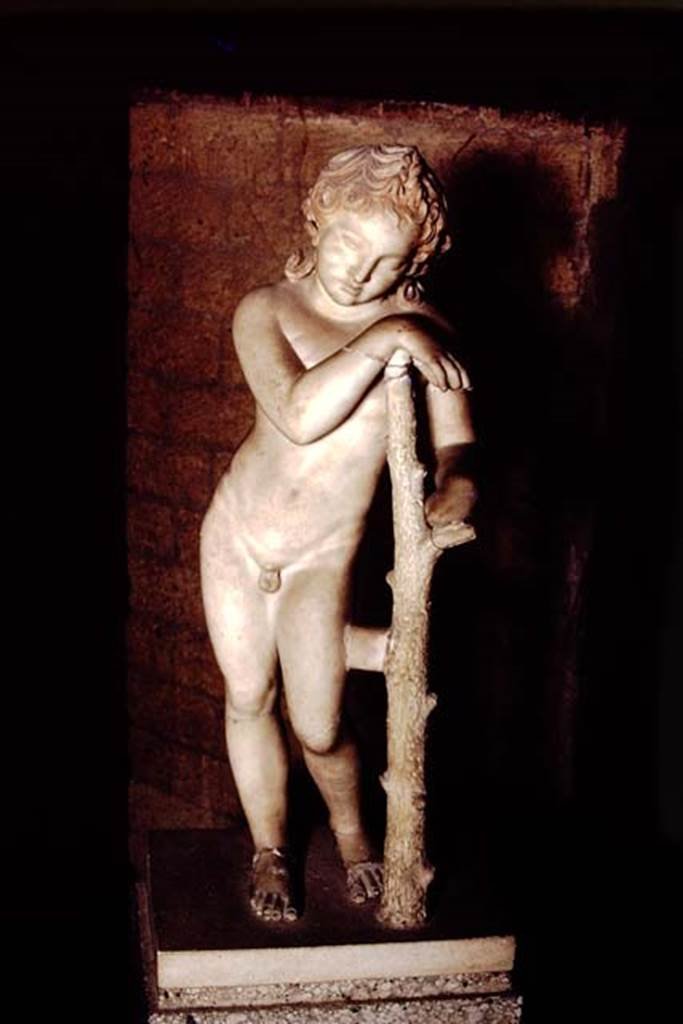 Herculaneum, 1978. One of the sleeping funerary statues form the top of the memorial altar of Marcus Nonius Balbus.  Photo by Stanley A. Jashemski.   
Source: The Wilhelmina and Stanley A. Jashemski archive in the University of Maryland Library, Special Collections (See collection page) and made available under the Creative Commons Attribution-Non Commercial License v.4. See Licence and use details. J78f0504
