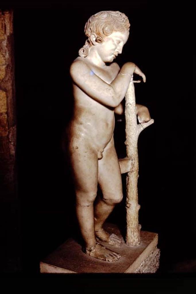 Herculaneum, 1978. Statue now seen on the memorial altar of Marcus Nonius Balbus.  
Photo by Stanley A. Jashemski.   
Source: The Wilhelmina and Stanley A. Jashemski archive in the University of Maryland Library, Special Collections (See collection page) and made available under the Creative Commons Attribution-Non-Commercial License v.4. See Licence and use details.
J78f0512


