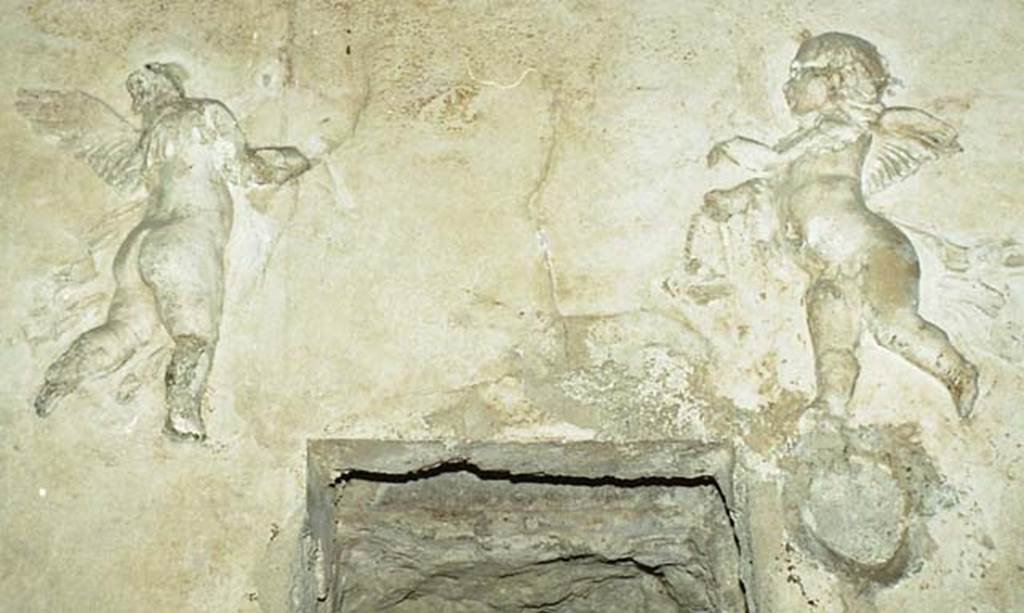 Suburban Baths, Herculaneum. October 2001. Two stucco flying cupids with baskets of fruits and garlands, on wall of tepidarium. Photo courtesy of Peter Woods.
