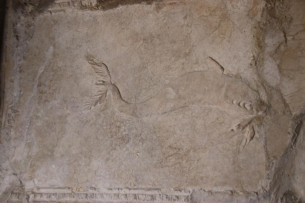 Herculaneum Suburban Baths. October 2025. 
Smaller original caldarium, dolphin stucco at side of alcove with marble basin for cold water (labrum). 
Photo courtesy of Klaus Heese.
