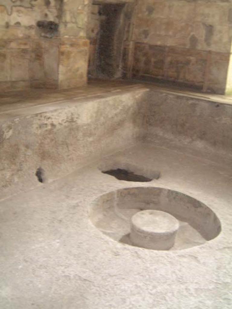 Suburban Baths, Herculaneum, May 2001. Hot pool in the second larger caldarium.
This pool would have been heated by its own furnace heating the water under the “bronze samovar” which would have been situated in the centre of the pool.
Photo courtesy of Current Archaeology.
