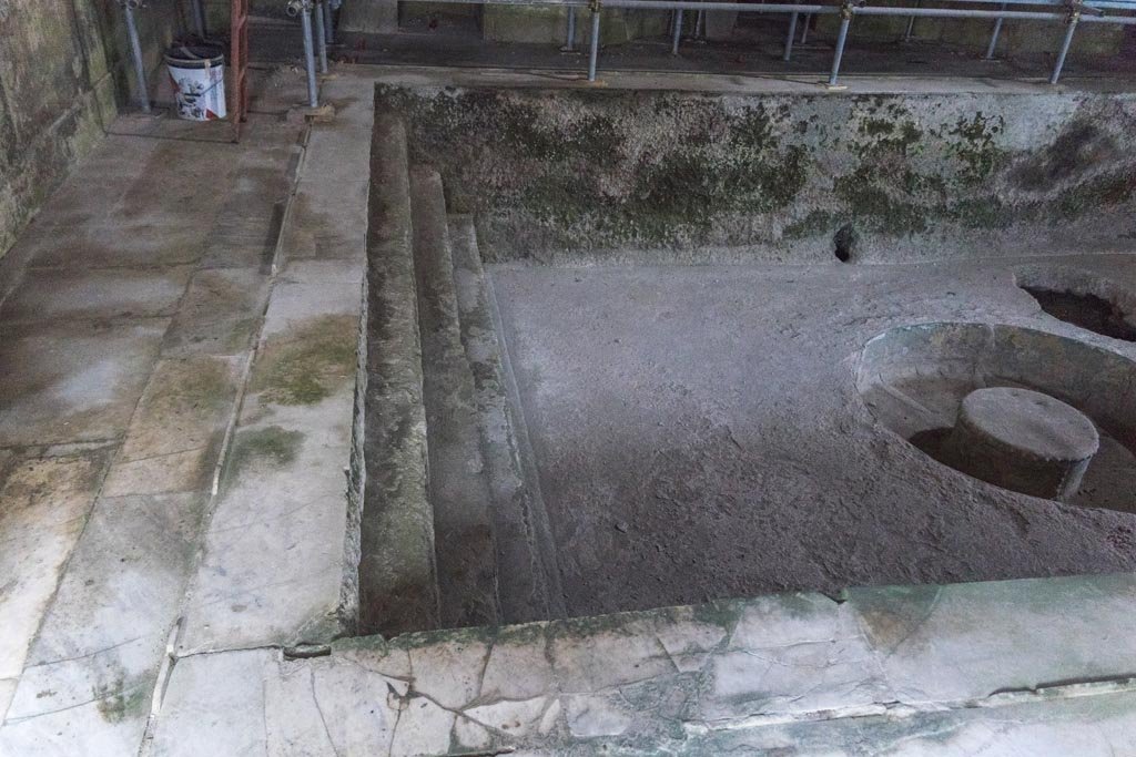 Herculaneum Suburban Baths. October 2023. Looking north along steps at west end of pool. Photo courtesy of Johannes Eber. 

