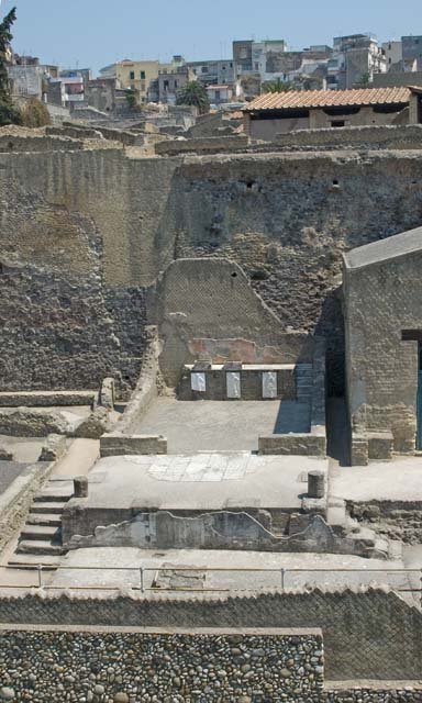 Herculaneum, August 2013. Sacred Area terrace, looking towards corridor on east side of the shrine of the Four Gods. Photo courtesy of Buzz Ferebee.
