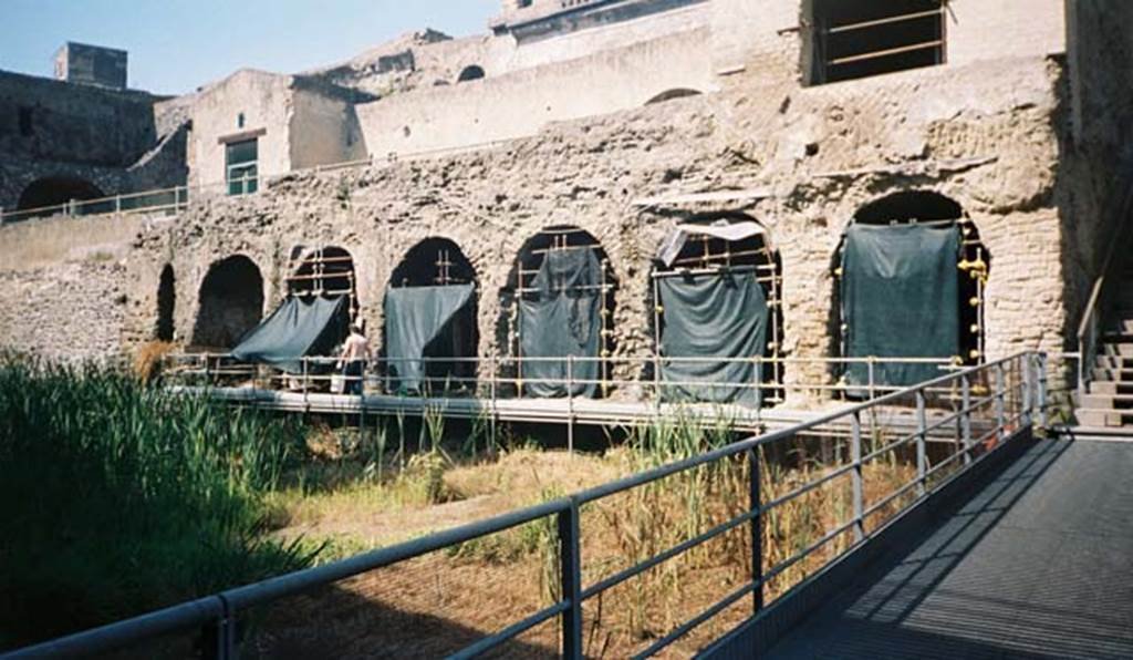 Beachfront, Herculaneum, May 2007.  Looking west along six of the twelve “boatsheds”, found under the terrace of the Sacred Area. Photo courtesy of Buzz Ferebee.
