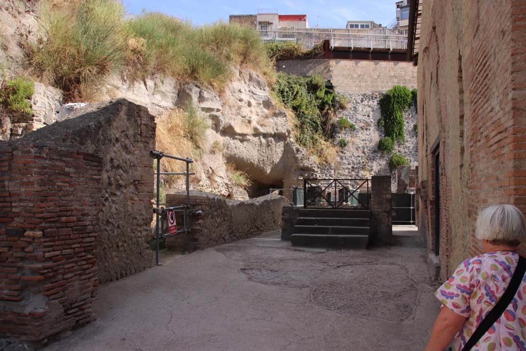 Cardo III Superiore, Herculaneum. September 2019. Looking north to steps and rectangular structure.
Photo courtesy of Klaus Heese.
