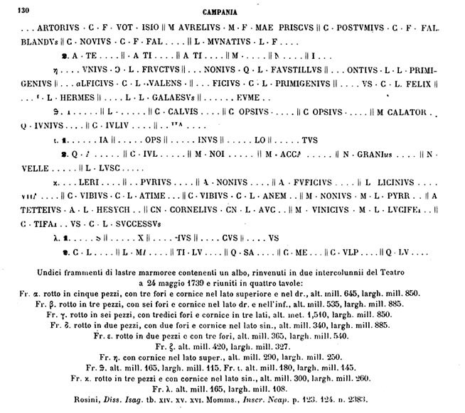 Herculaneum, Great Album of Names, discovered 24th May 1739.
See Fiorelli, G. 1868. Catalogo del Museo Nazionale di Napoli - Raccolta epigrafica 2 – Iscrizioni Latine, (p. 130).
See Wallace-Hadrill, A. (2011). Herculaneum, Past and Future. London, Frances Lincoln Ltd, (p.138-145).
