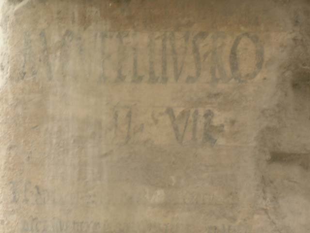Cardo IV, Herculaneum. April 2005. Detail from the painted edict written on the side of the water tower on west side at north end.
This edict prohibited the dumping of dirt and excrement near the water tower.
Photo courtesy of Nicolas Monteix.

