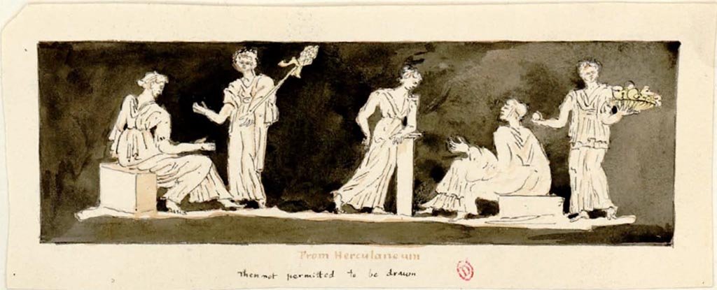 Ercolano Casa vicino al Teatro or Herculaneum House near the Theatre. Painting of a group of 5 figures.
See Gell, W. Pompeii unpublished [Dessins de l'édition de 1832 donnant le résultat des fouilles post 1819 (?)] vol II, pl. 2 verso..
Bibliothèque de l'Institut National d'Histoire de l'Art, collections Jacques Doucet, Identifiant numérique Num MS180 (2).
See book in INHA Use Etalab Licence Ouverte
