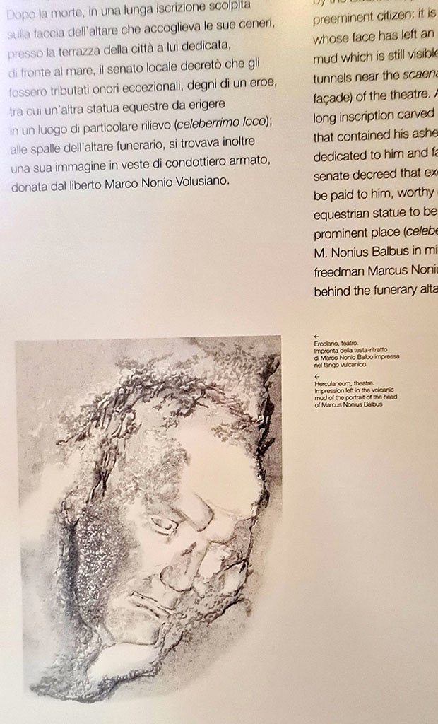 Herculaneum Theatre. April 2023. Drawing of face of M.N. Balbus. 
Impression left in the volcanic mud of the portrait of the head of Marcus Nonius Balbus.
From description card in “Campania Romana” gallery of Naples Archaeological Museum. 
Photo courtesy of Giuseppe Ciaramella.
