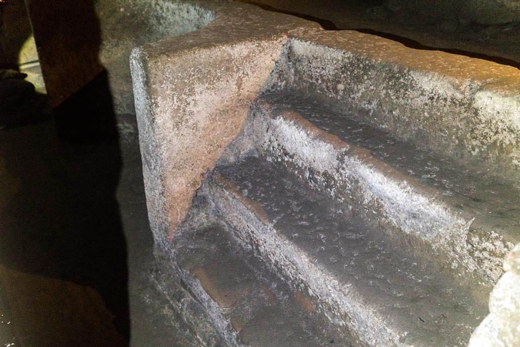 Herculaneum Theatre. October 2023. Steps at east end of proscenium.
Photo courtesy of Johannes Eber. 

