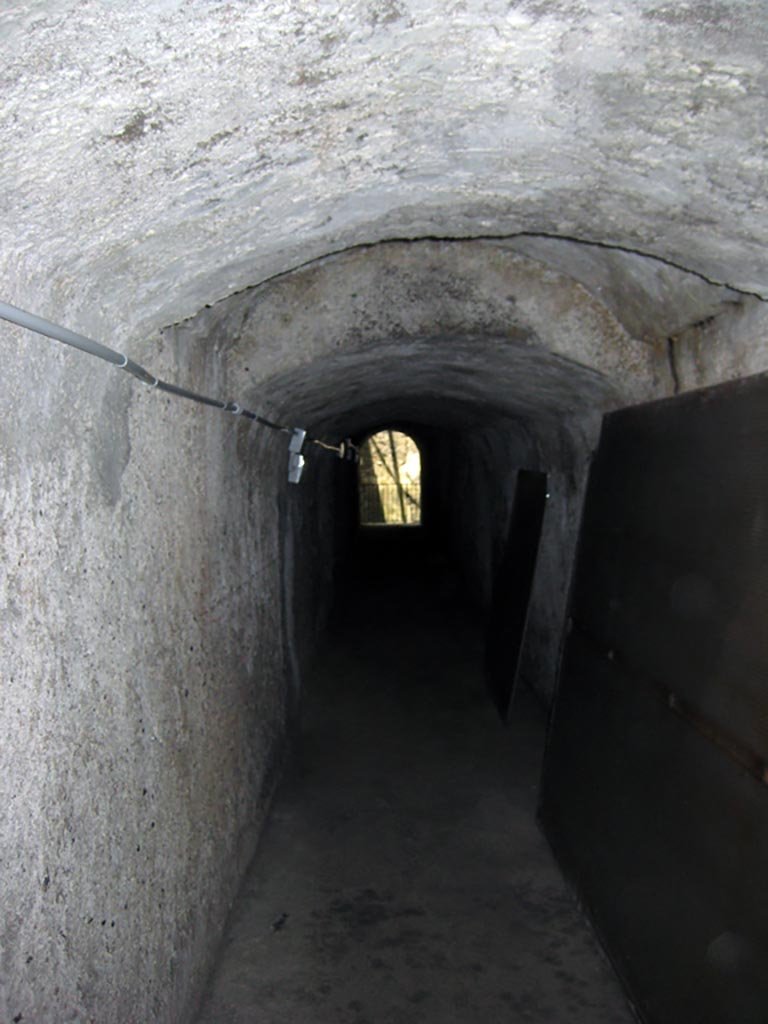 Herculaneum Theatre, July 2009. 
Tunnel with electricity, and daylight at its end! Photo courtesy of Sera Baker.
