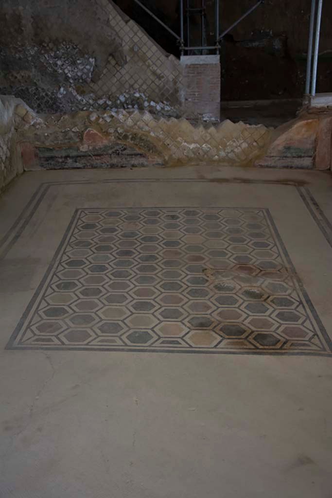 Villa dei Papiri, March 2019. Multicolour geometric mosaic floor in room (f), oecus.
Foto Annette Haug, ERC Grant 681269 DÉCOR.

