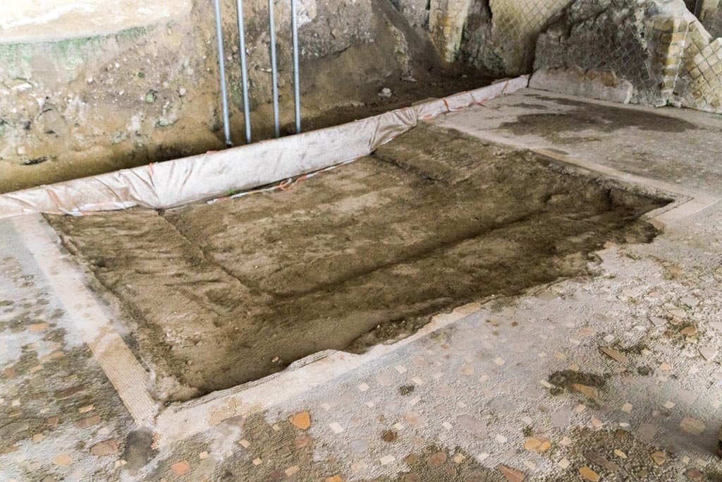 Herculaneum Villa dei Papiri. October 2023. Atrium (c), detail of impluvium. Photo courtesy of Johannes Eber. 
During the recent clean-up of the impluvium basin, it has been possible to identify the imprints of the slabs removed at the time of the Bourbon excavation in the mortar bed of the impluvium. There is also evidence of the passage of a Bourbon tunnel, which seems to stop at the northern border of the impluvium. 
See Esposito D. and Guidobaldi M., 2010. New Archaeological Research at the Villa of the Papyri, in the Villa of the Papyri at Herculaneum. Berlin: De Gruyter, p. 28. 
