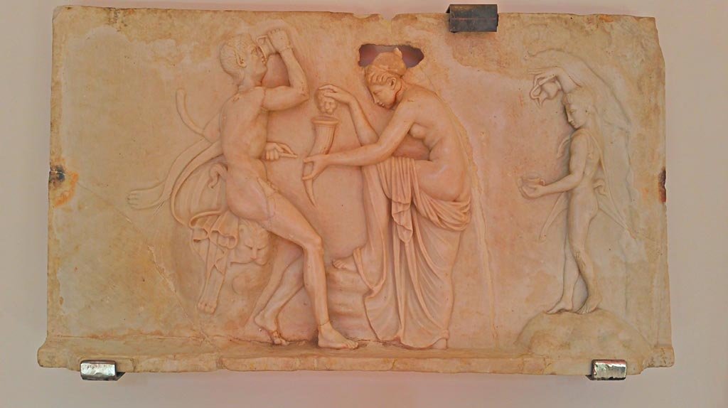 House of Dionysiac Reliefs, Herculaneum. 2016/2017. 
Marble relief with Dionysian scenes. (Augustan period). Now in Herculaneum deposits. Photo courtesy of Giuseppe Ciaramella.
