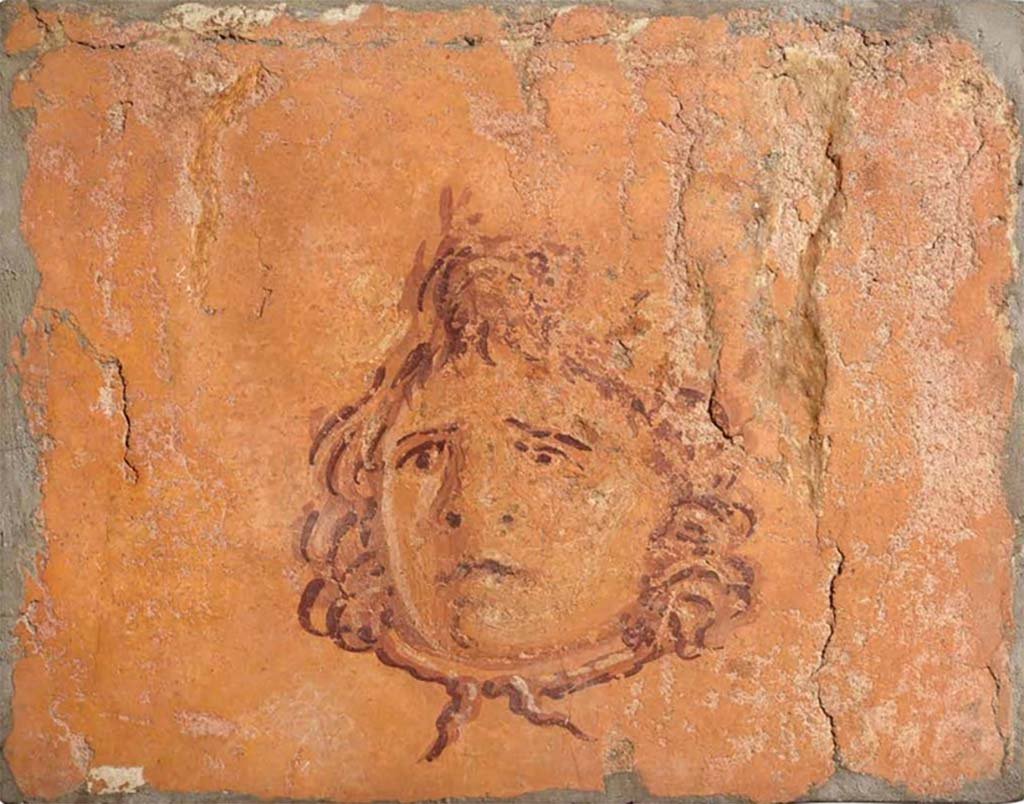 Villa dei Papiri, Herculaneum. Fresco of Medusa head.
Now in Naples Archaeological Museum. Inventory number 8821B
According to the Catalogue –
The above fresco, (one of a pair of similar images) together with another two depicting monochrome heads of Gorgons floating on a yellow background, have all been attributed to the Villa.
These were found between June 15th and June 22nd, 1755.
See Catalogue (p.226-229) of exhibition entitled “Buried by Vesuvius, the Villa dei Papiri at Herculaneum”, edited by Kenneth Lapatin.
