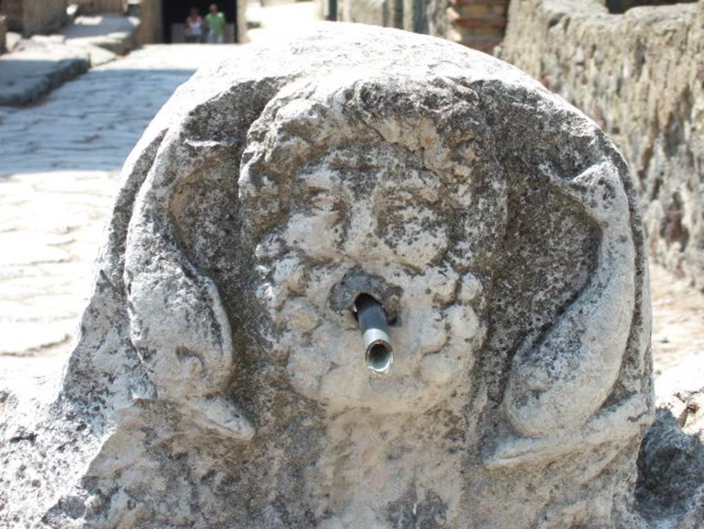 Cardo V Inferiore, Herculaneum, May 2010. Fountain decorated with head of Neptune with dolphins.
